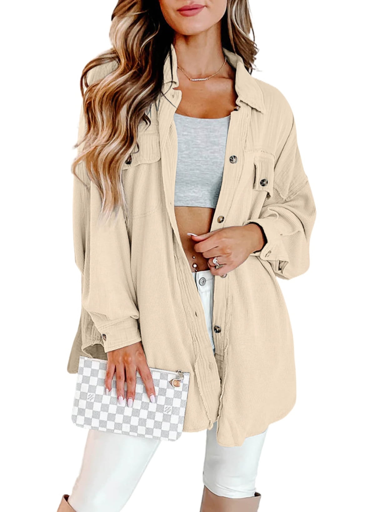 SHEWIN Womens Jackets Waffle Knit Shacket Casual Long Sleeve Button