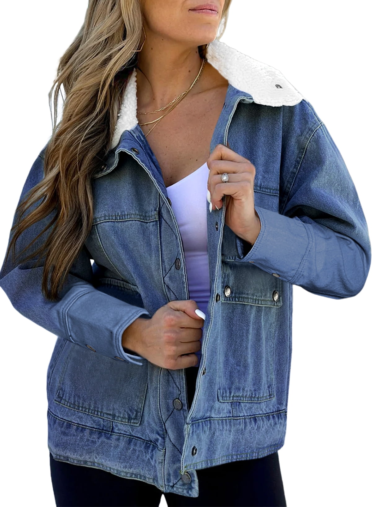 SHEWIN Womens Jean Jacket Denim Sherpa Jackets Oversized Patchwork