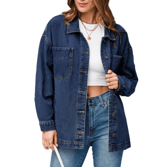 SHEWIN Womens Jean Jacket Oversized Denim Jackets Boyfriend Button Up Long Sleeve Split Fall Spring Shacket Deep Blue