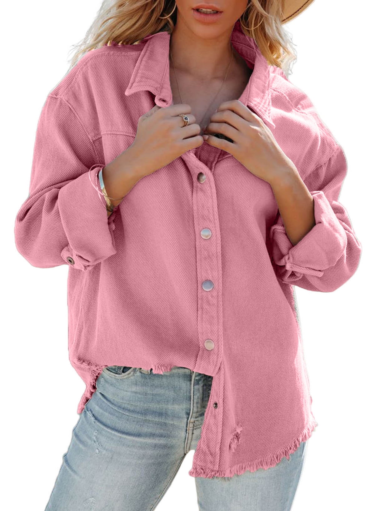 SHEWIN Womens Jean Jacket Oversized Denim Shirts Casual Long Sleeve ...