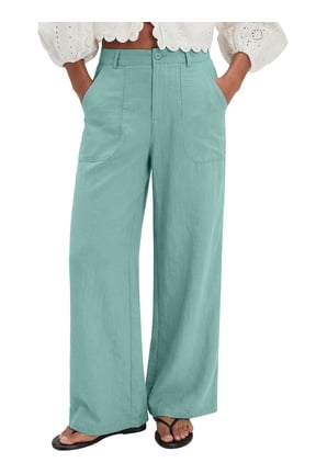 Linen Pants for Women High Waisted Wide Leg Palazzo Pants Summer Spring Casual Work Cotton Elastic Waist Pants Trouser with Pockets