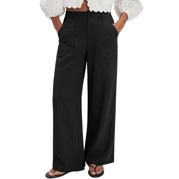 SHEWIN Linen Pants for Women High Waisted Wide Leg Palazzo Pants Summer Spring Casual Work Cotton Elastic Waist Pants Trouser with Pockets