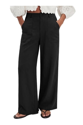 Linen Pants for Women High Waisted Wide Leg Palazzo Pants Summer Spring Casual Work Cotton Elastic Waist Pants Trouser with Pockets