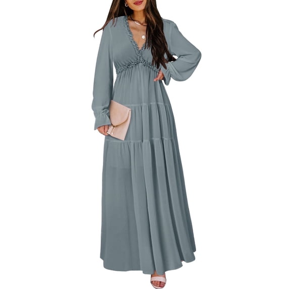 SHEWIN Womens Long Sleeve Floral Maxi Dresses Loose Casual High Waist Boho Printed Party Long Dress L