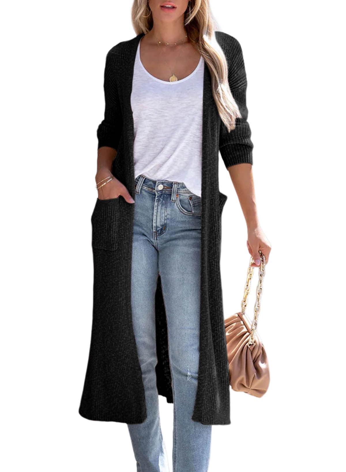 SHEWIN Womens Open Front Cardigan Long Sweaters Split Long Sleeve Drape