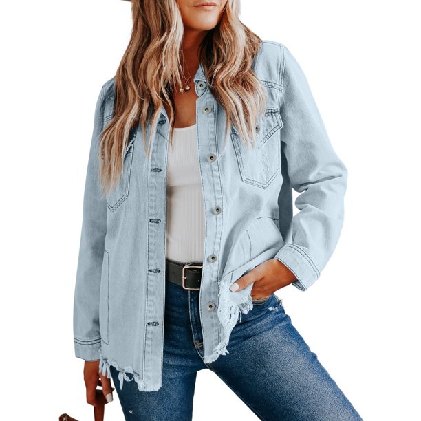 SHEWIN Womens Oversized Denim Jackets Distressed Ripped Long Sleeve
