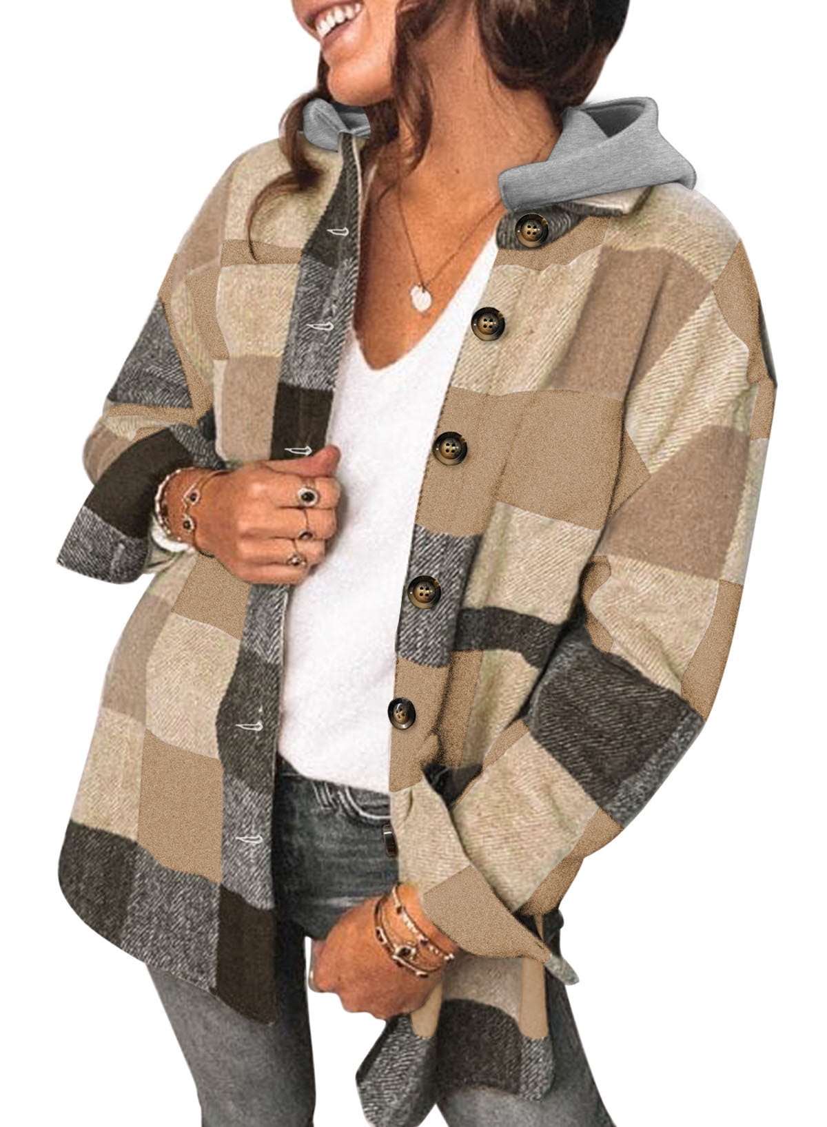 SHEWIN Womens Plaid Jacket Button Down Hooded Shacket Long Sleeve ...