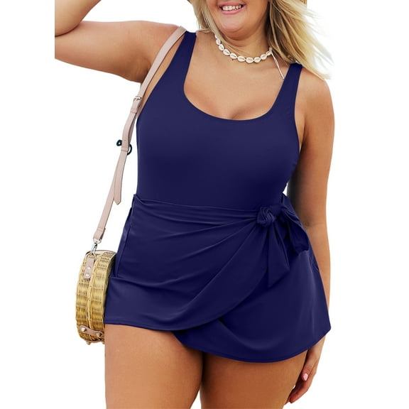 SHEWIN Womens Plus One-piece Swimsuits Padded Swim Dress Side Knot One Piece Bathing Suit with Skirt Summer Swimwear