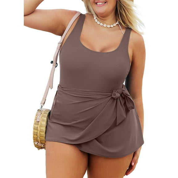 SHEWIN Womens Plus One-piece Swimsuits Padded Swim Dress Side Knot One Piece Bathing Suit with Skirt Summer Swimwear