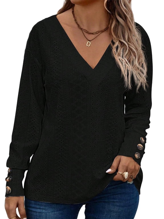 Womens Blouse Plus Size Tops Lace V Neck Long Sleeve T Shirts Dressy Eyelet Embroidered Tunics Top Spring Fall Blouses Black 2X