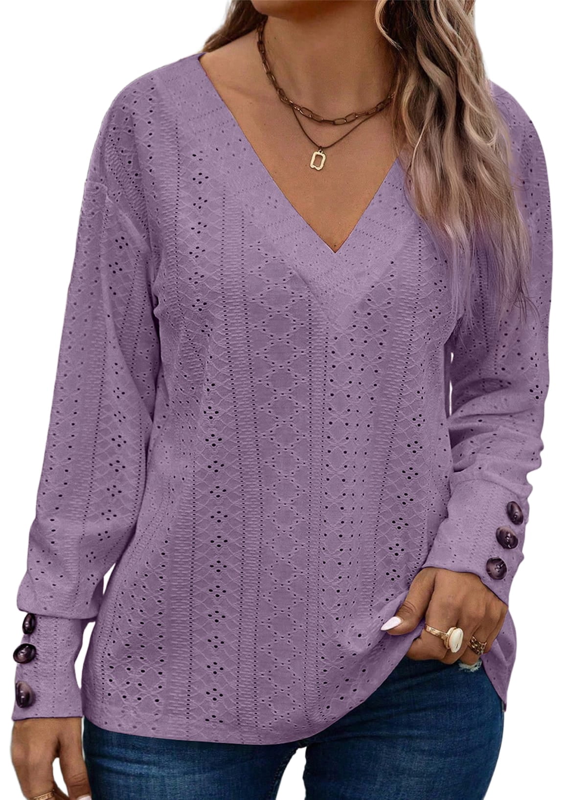 SHEWIN Womens Blouse Plus Size Tops Lace V Neck Long Sleeve T Shirts ...