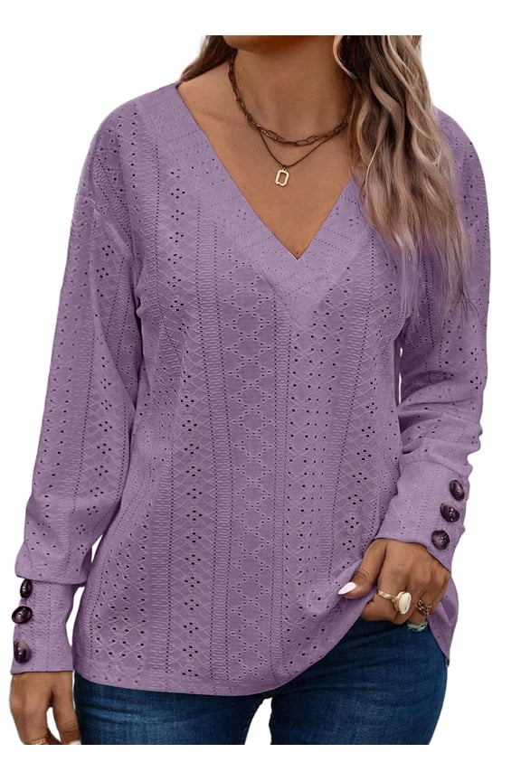 Womens Blouse Plus Size Tops Lace V Neck Long Sleeve T Shirts Dressy Eyelet Embroidered Tunics Top Spring Fall Blouses Purple 5X