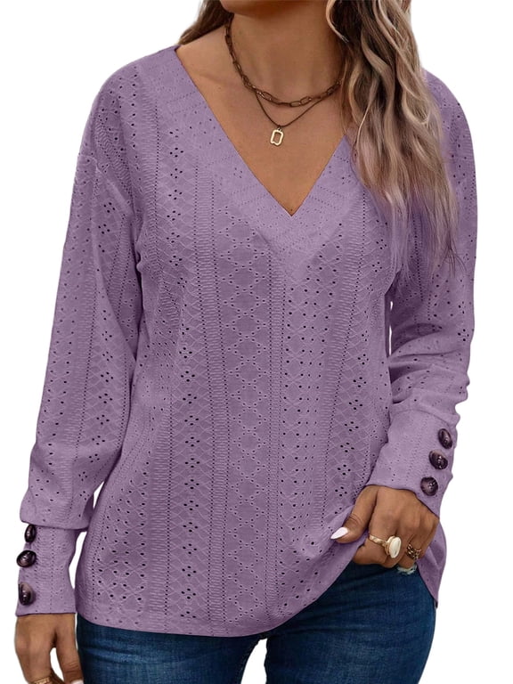 Womens Blouse Plus Size Tops Lace V Neck Long Sleeve T Shirts Dressy Eyelet Embroidered Tunics Top Spring Fall Blouses Purple 3X