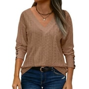 SHEWIN Womens Plus Size Sweatshirts Eyelet Embroidery Blouses V Neck Tops Lightweight Tee Long Sleeve Shirts Trendy Tees Work Tunics Fall Fashion Clothes Camel 3X