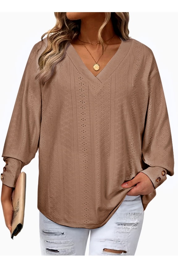Womens Blouse Plus Size Tops Lace V Neck Long Sleeve T Shirts Dressy Eyelet Embroidered Tunics Top Spring Fall Blouses Camel 3X
