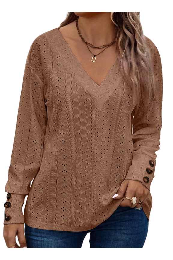 Womens Blouse Plus Size Tops Lace V Neck Long Sleeve T Shirts Dressy Eyelet Embroidered Tunics Top Spring Fall Blouses Camel 3X