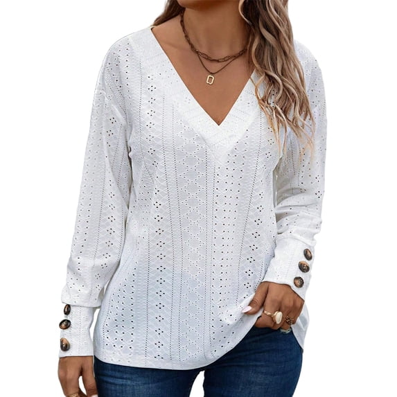 SHEWIN Womens Blouse Plus Size Tops Lace V Neck Long Sleeve T Shirts Dressy Eyelet Embroidered Tunics Top Spring Fall Blouses White 4X