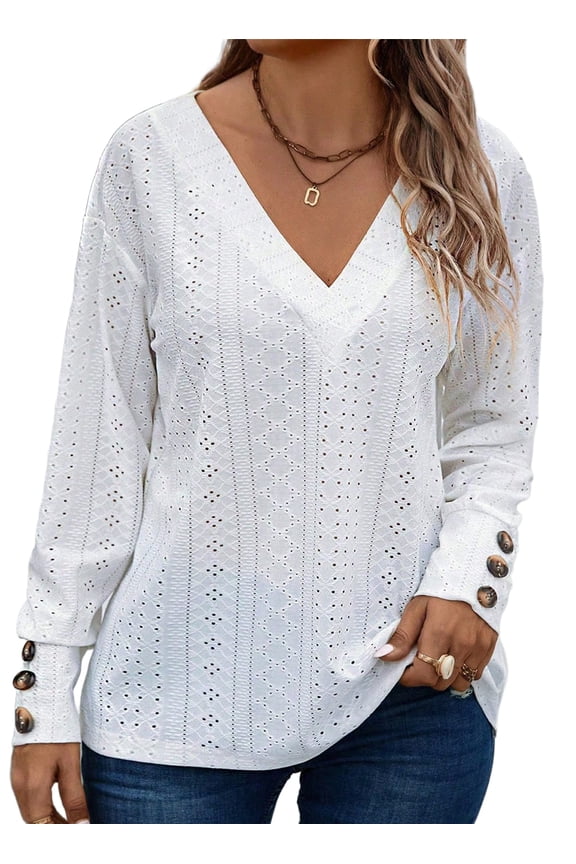 Womens Blouse Plus Size Tops Lace V Neck Long Sleeve T Shirts Dressy Eyelet Embroidered Tunics Top Spring Fall Blouses White 5X