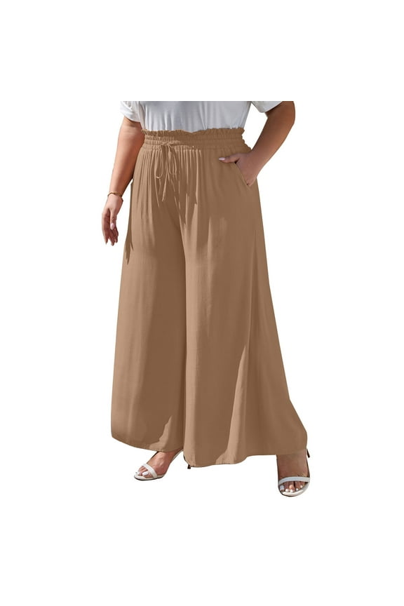 Womens Plus Size Pants Casual Elastic High Waist Flowy Pants Drawstring Palazzo Pants with Pockets 1X-5X