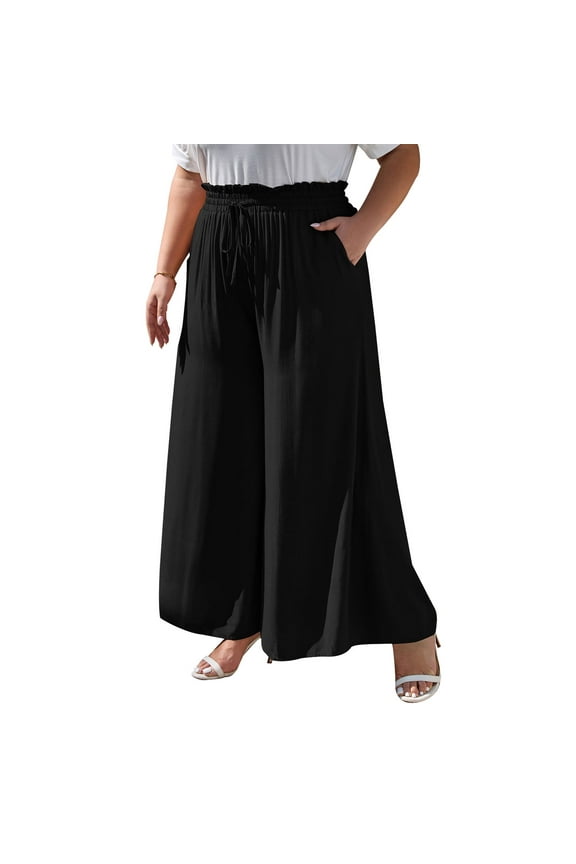 Womens Plus Size Pants Casual Elastic High Waist Flowy Pants Drawstring Palazzo Pants with Pockets 1X-5X