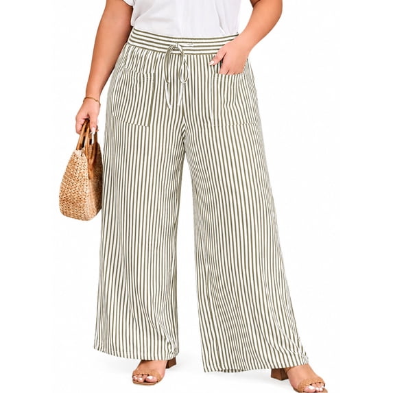 SHEWIN Womens Plus Size Pants Wide Leg Striped Palazzo Pants Elastic Waist Casual Lounge Trouser with Pockets 1X-5X