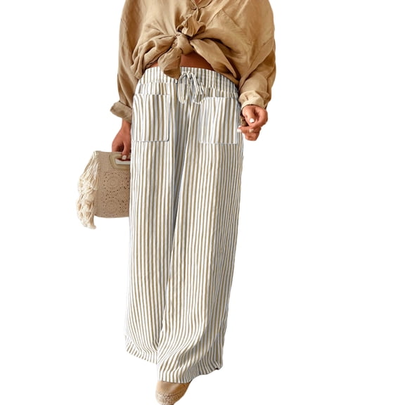 SHEWIN Womens Plus Size Pants Wide Leg Striped Palazzo Pants Elastic Waist Casual Lounge Trouser with Pockets 1X-5X