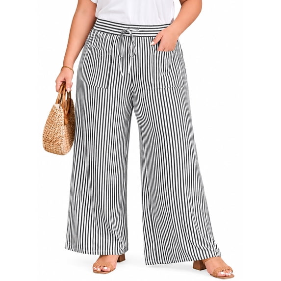 SHEWIN Womens Plus Size Pants Wide Leg Striped Palazzo Pants Elastic Waist Casual Lounge Trouser with Pockets 1X-5X