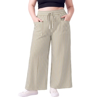 SHEWIN Womens Plus Size Pants Wide Leg Striped Palazzo Pants Elastic Waist Casual Lounge Trouser with Pockets 1X-5X