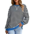 thumbnail image 1 of SHEWIN Womens Plus Size Sweatshirt Stripe Crew Neck Long Sleeve Pullover Tops Black White 1X, 1 of 8