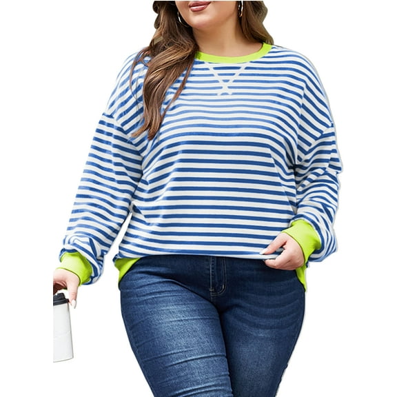 SHEWIN Womens Plus Size Sweatshirt Plus Size Fall Tops Stripe Crew Neck Long Sleeve Pullover Tops Blue 1X