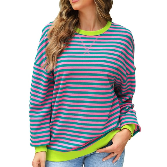 SHEWIN Womens Plus Size Sweatshirt Stripe Crew Neck Long Sleeve Pullover Tops Pink Green 1X