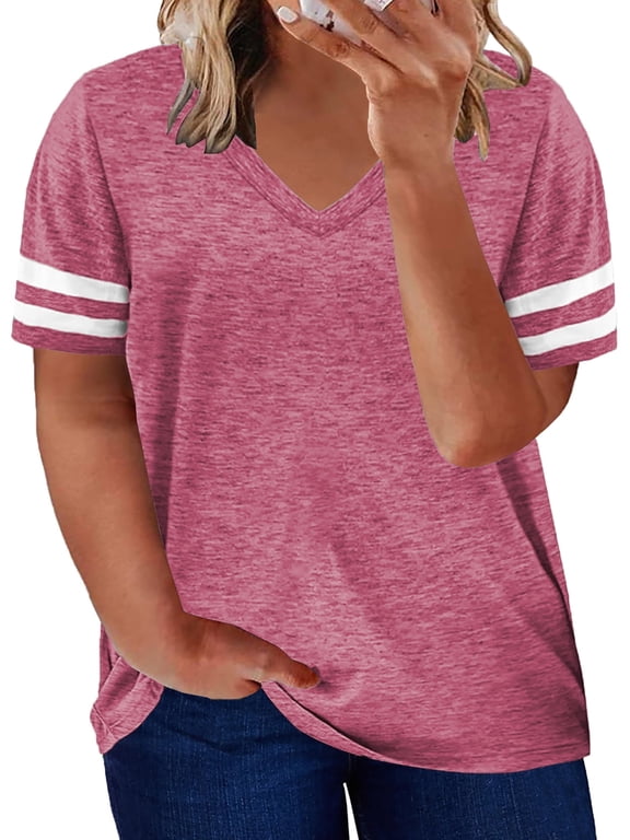 Womens Plus Size T-Shirts V Neck Tee Shirt Summer Stripe Trim Short Sleeve Tunics Top Basic Oversized Tee Shirts 2XL