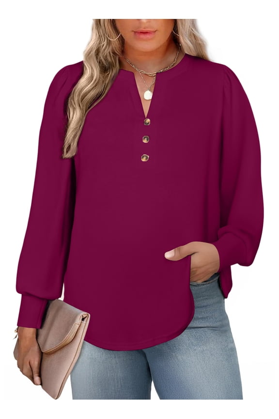 Plus Size Top for Women V Neck Henley Tops Long Sleeve Shirts Business Blouses Lightweight Sweatshirt Basic Tees Trendy Cute T Shirts Fall Clothes Violet 5X