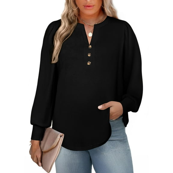 SHEWIN Plus Size Sweatshirt for Women V Neck Henley Tops Long Sleeve Shirts Business Blouses Lightweight Basic Tees Trendy Cute T Shirts Fall Clothes Brown 1X