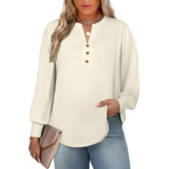 SHEWIN Plus Size Sweatshirt for Women V Neck Henley Tops Long Sleeve Shirts Business Blouses Lightweight Basic Tees Trendy Cute T Shirts Fall Clothes Brown 1X