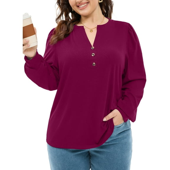 SHEWIN Plus Size Top for Women V Neck Henley Tops Long Sleeve Shirts Business Blouses Lightweight Sweatshirt Basic Tees Trendy Cute T Shirts Fall Clothes Violet 5X