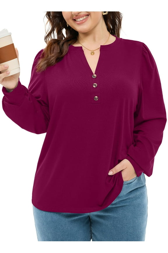 Plus Size Top for Women V Neck Henley Tops Long Sleeve Shirts Business Blouses Lightweight Sweatshirt Basic Tees Trendy Cute T Shirts Fall Clothes Violet 5X