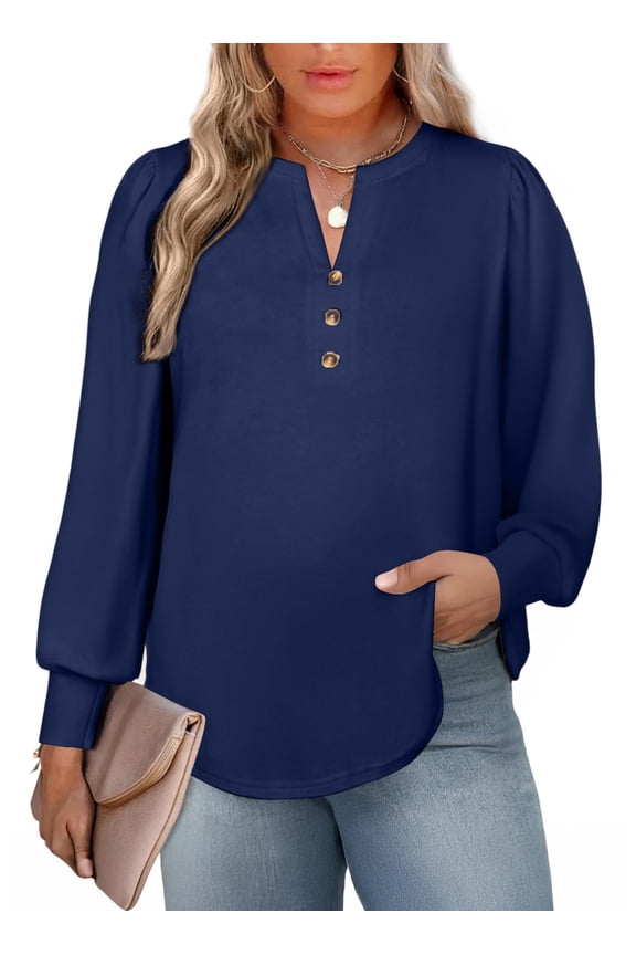 Plus Size Sweatshirt for Women V Neck Henley Tops Long Sleeve Shirts Business Blouses Lightweight Basic Tees Trendy Cute T Shirts Fall Clothes Brown 1X