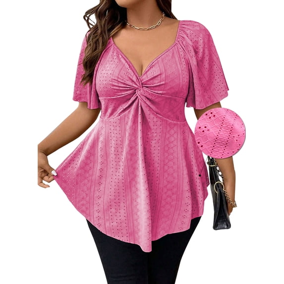 SHEWIN Women Dressy Tops Plus Size Tops Summer Short Sleeve Casual Light Weight Oversize Tunic Blouses Pink 1X