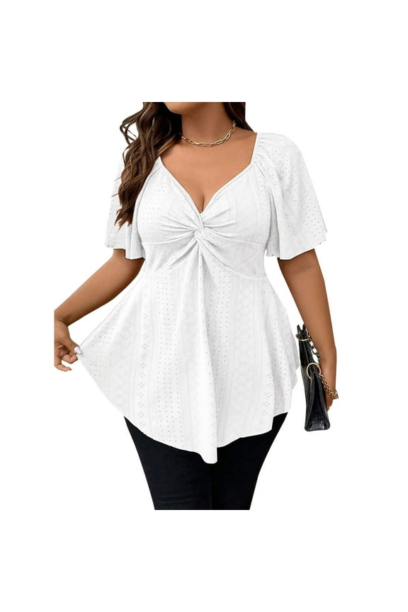 Womens Plus Size Tops V Neck Hollow Out Casual High Elasticity Summer Peplum Shirts