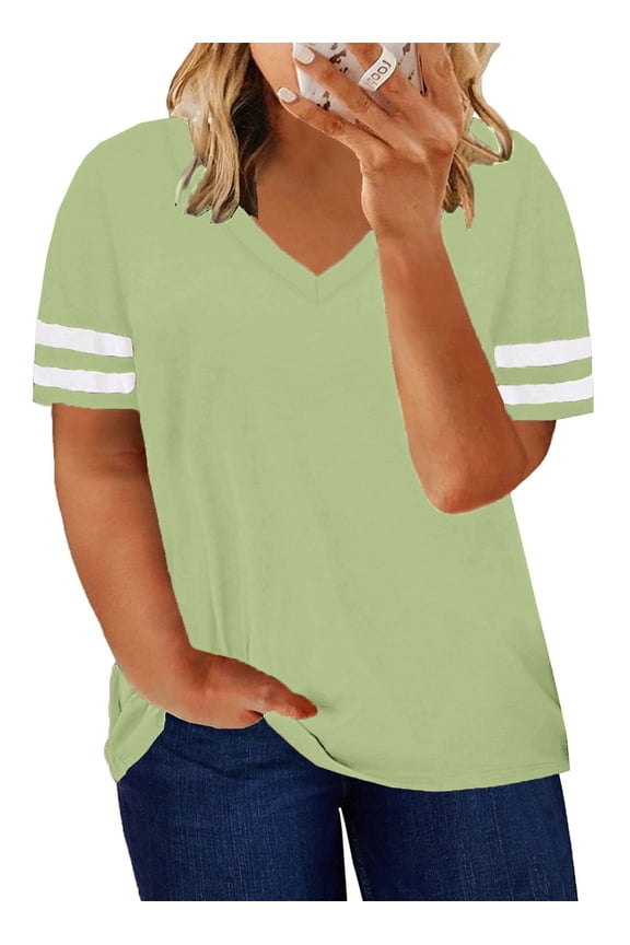 Womens T Shirts Plus Size Short Sleeve Striped Loose Oversized T Shirts Light Green XL