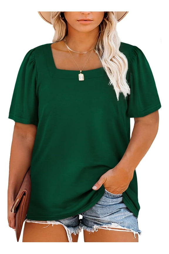 Womens Plus Size Tops Square Neck Puff Sleeve T Shirts Blouse Tops Green XL