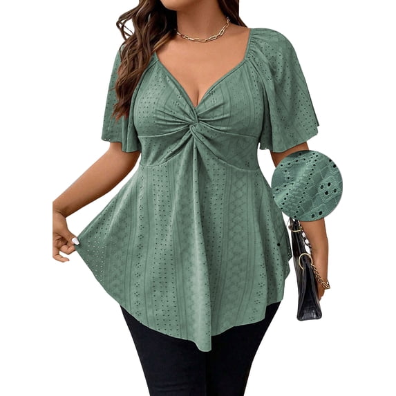 SHEWIN Women Dressy Tops Plus Size Tops Summer Short Sleeve Casual Light Weight Oversize Tunic Blouses Green 2X