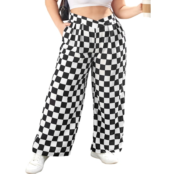 SHEWIN Womens Plus Size Pants Wide Leg Palazzo Pants Elasticized Back Waist Pleated Casual Work Trouser with Pockets 1X-5X