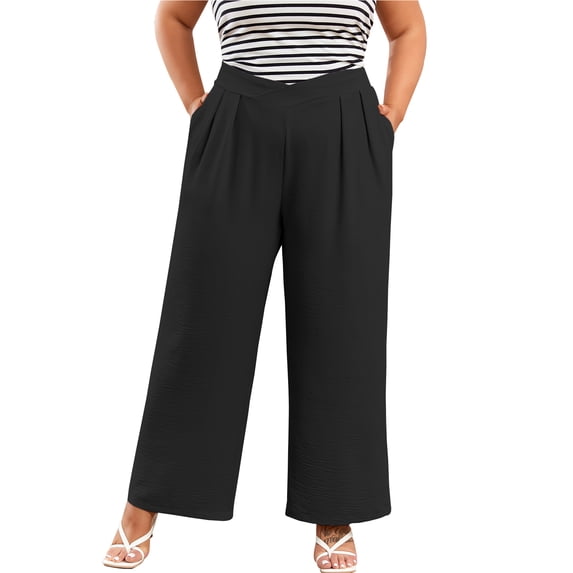 SHEWIN Womens Plus Size Pants Wide Leg Palazzo Pants Elasticized Back Waist Pleated Casual Work Trouser with Pockets 1X-5X