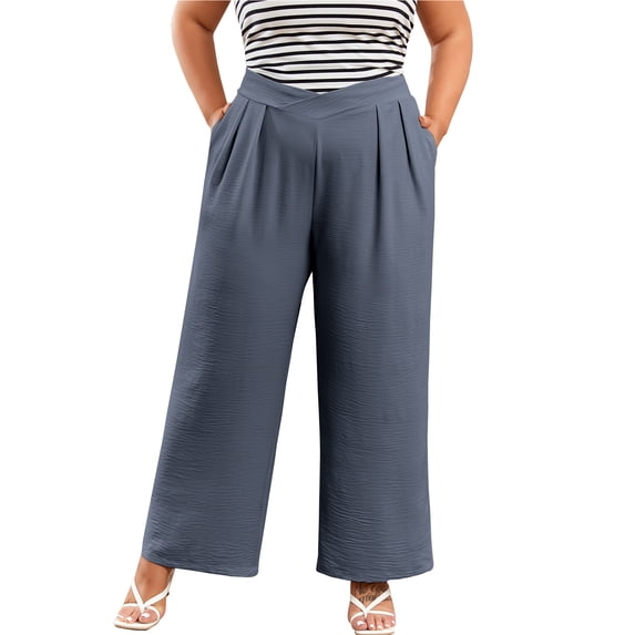 SHEWIN Womens Plus Size Pants Wide Leg Palazzo Pants Elasticized Back Waist Pleated Casual Work Trouser with Pockets 1X-5X