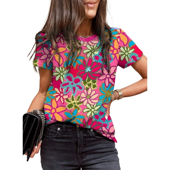 SHEWIN Womens Polka Dot Tops Crewneck Short Sleeve T Shirts Casual Fashion Floral Print Spring Summer Shirts