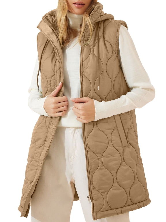 Womens Puffer Vest Full Zipper Hooded Long Quilted Sleeveless Winter Warm Vest Parchment