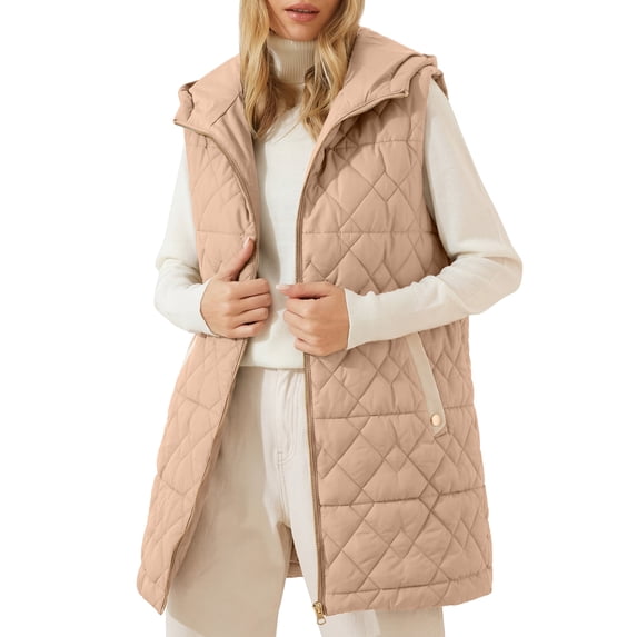 SHEWIN Womens Puffer Vest Full Zipper Hooded Long Quilted Jackets Sleeveless Winter Warm Coat Outerwear