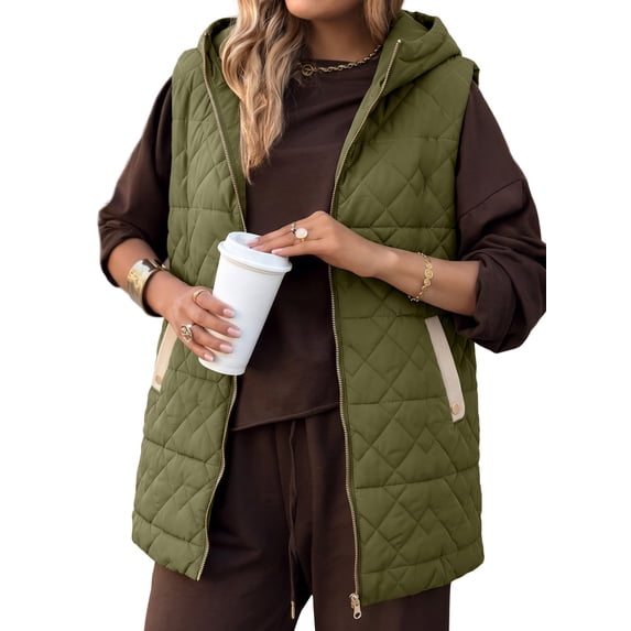 SHEWIN Womens Puffer Vest Full Zipper Hooded Long Quilted Jackets Sleeveless Winter Warm Coat Outerwear